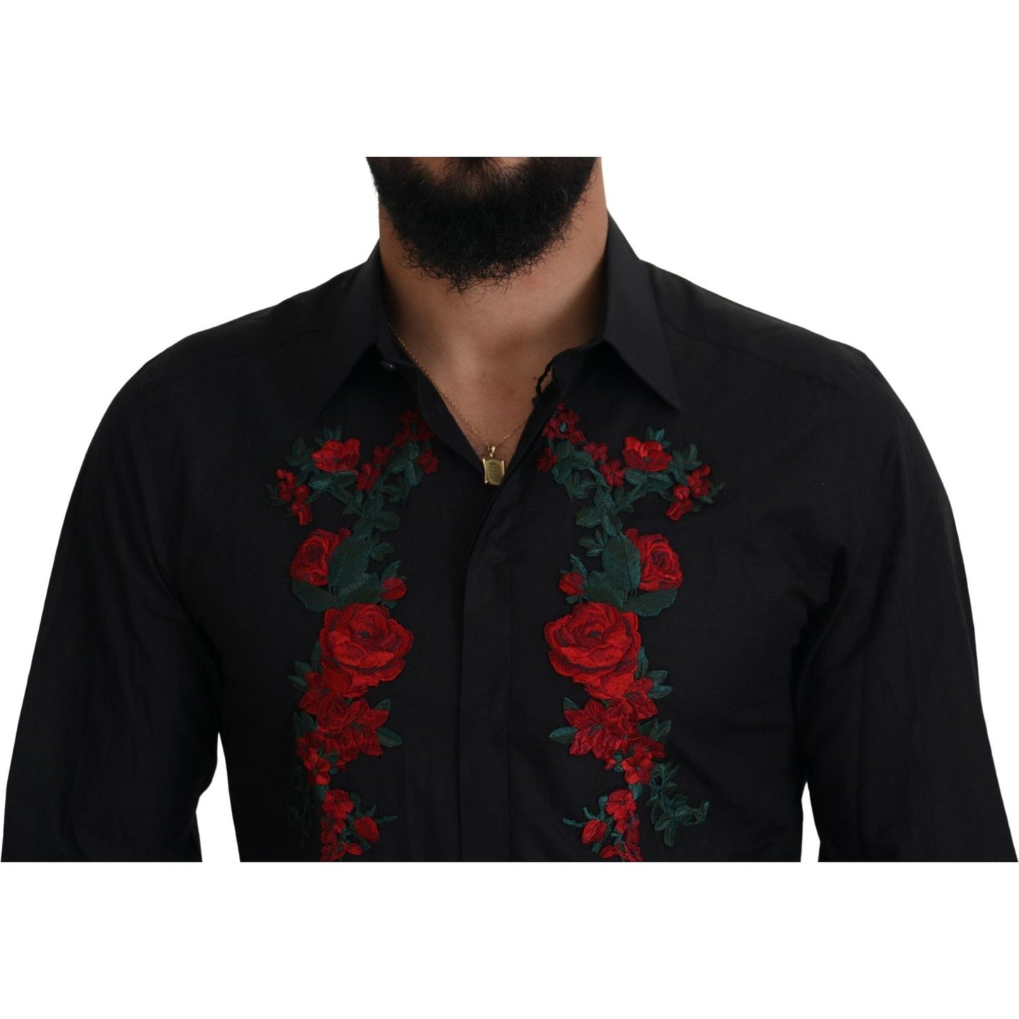 Dolce & Gabbana Black Floral Embroidery Men Long Sleeves GOLD Shirt Dolce & Gabbana