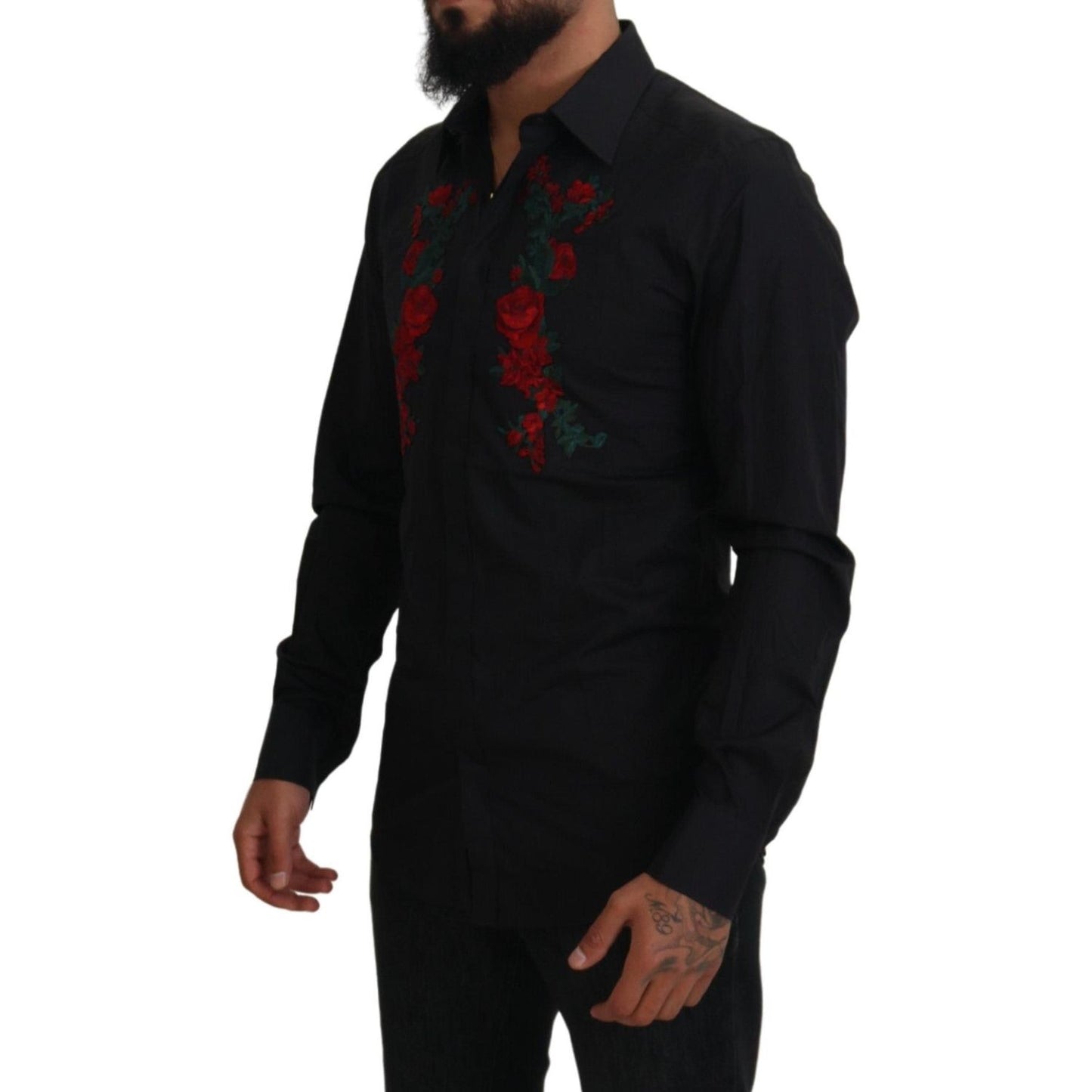 Dolce & Gabbana Black Floral Embroidery Men Long Sleeves GOLD Shirt Dolce & Gabbana