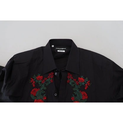 Dolce & Gabbana Black Floral Embroidery Men Long Sleeves GOLD Shirt Dolce & Gabbana