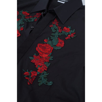 Dolce & Gabbana Black Floral Embroidery Men Long Sleeves GOLD Shirt Dolce & Gabbana