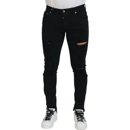 Dolce & Gabbana Black Slim Fit Tattered Denim Cotton Jeans Dolce & Gabbana