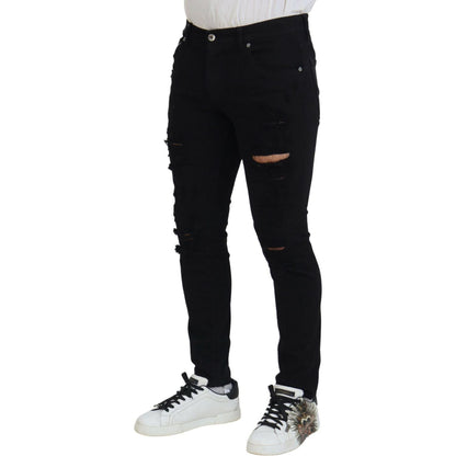 Dolce & Gabbana Black Slim Fit Tattered Denim Cotton Jeans Dolce & Gabbana