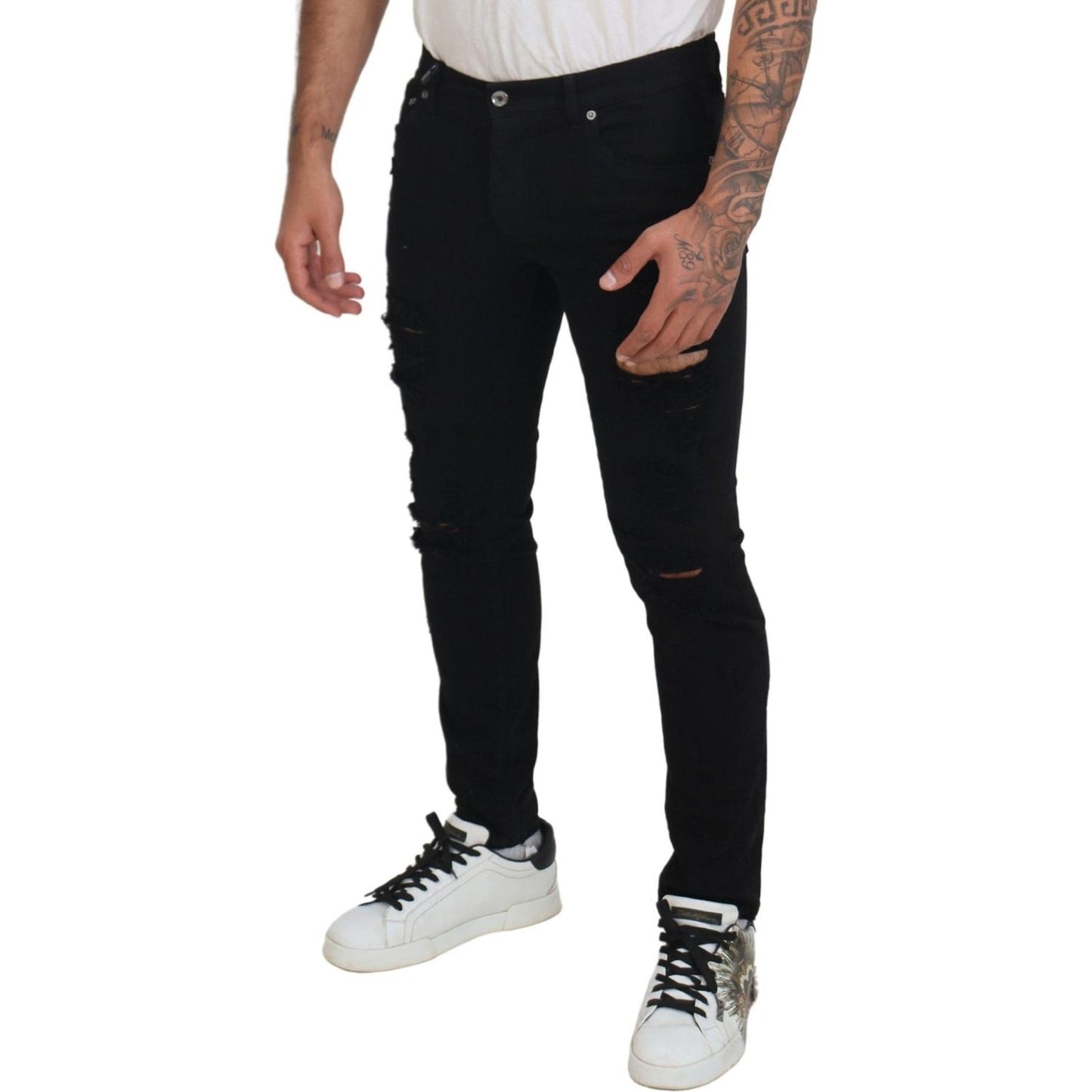 Dolce & Gabbana Black Slim Fit Tattered Denim Cotton Jeans Dolce & Gabbana