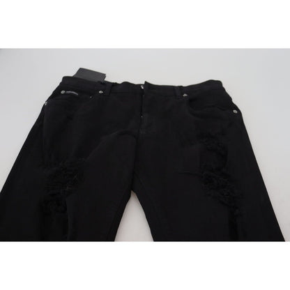 Dolce & Gabbana Black Slim Fit Tattered Denim Cotton Jeans Dolce & Gabbana