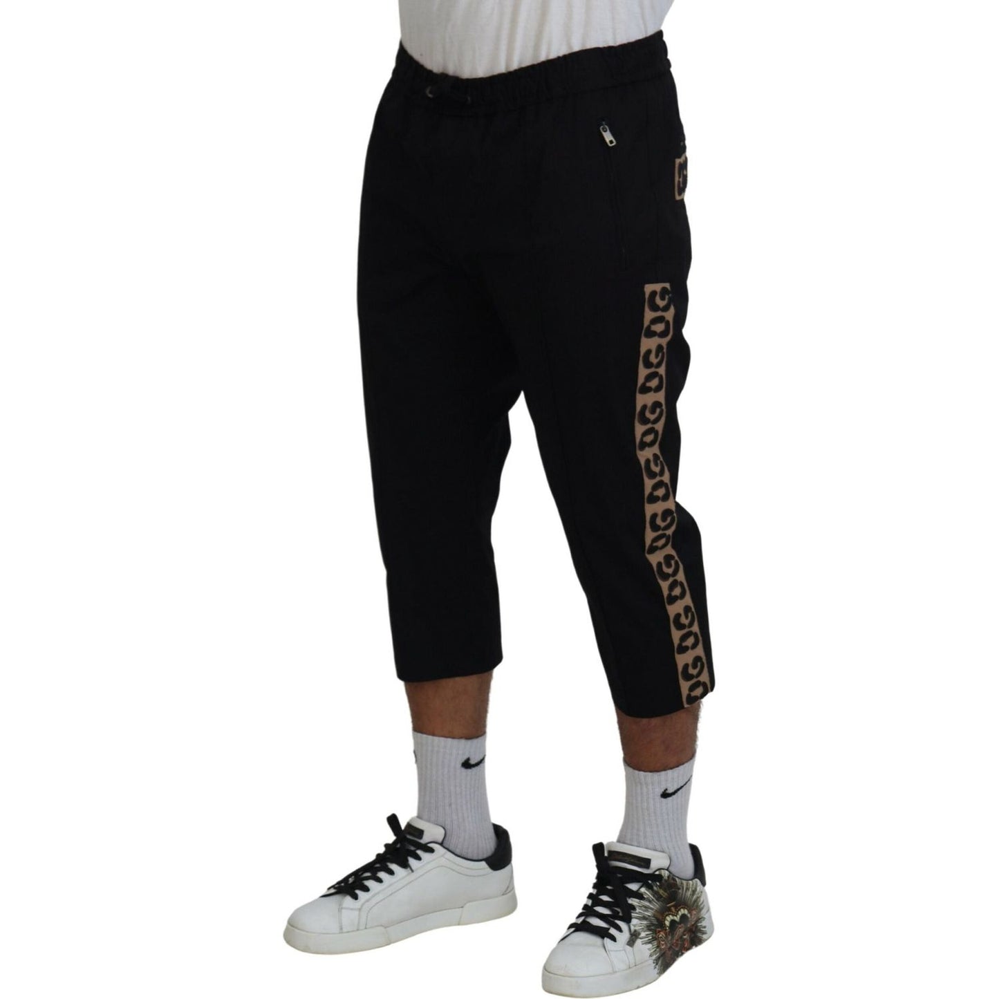Dolce & Gabbana Black Cotton Elastic Waist DG Logo Cropped Pants Dolce & Gabbana