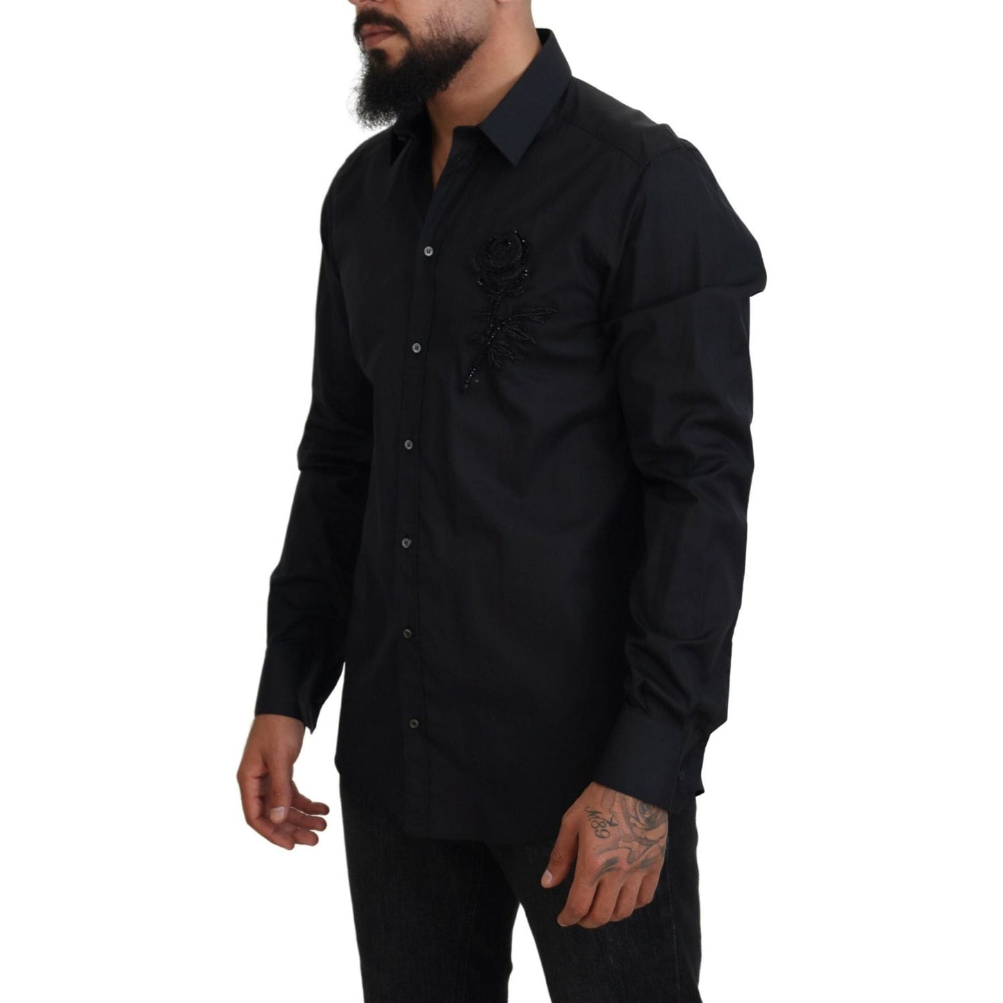 Dolce & Gabbana Black Roses Slim Fit Cotton Shirt Dolce & Gabbana
