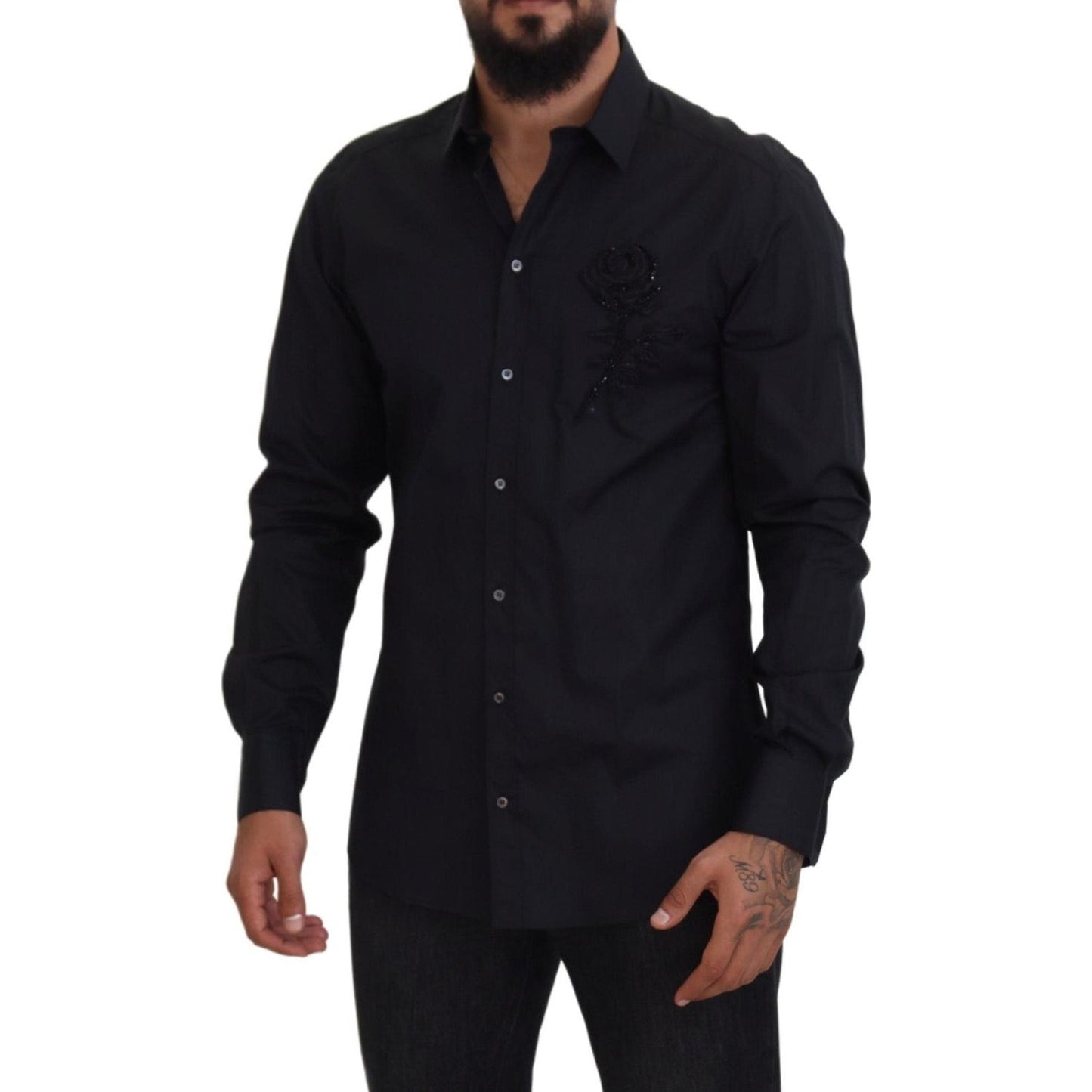 Dolce & Gabbana Black Roses Slim Fit Cotton Shirt Dolce & Gabbana