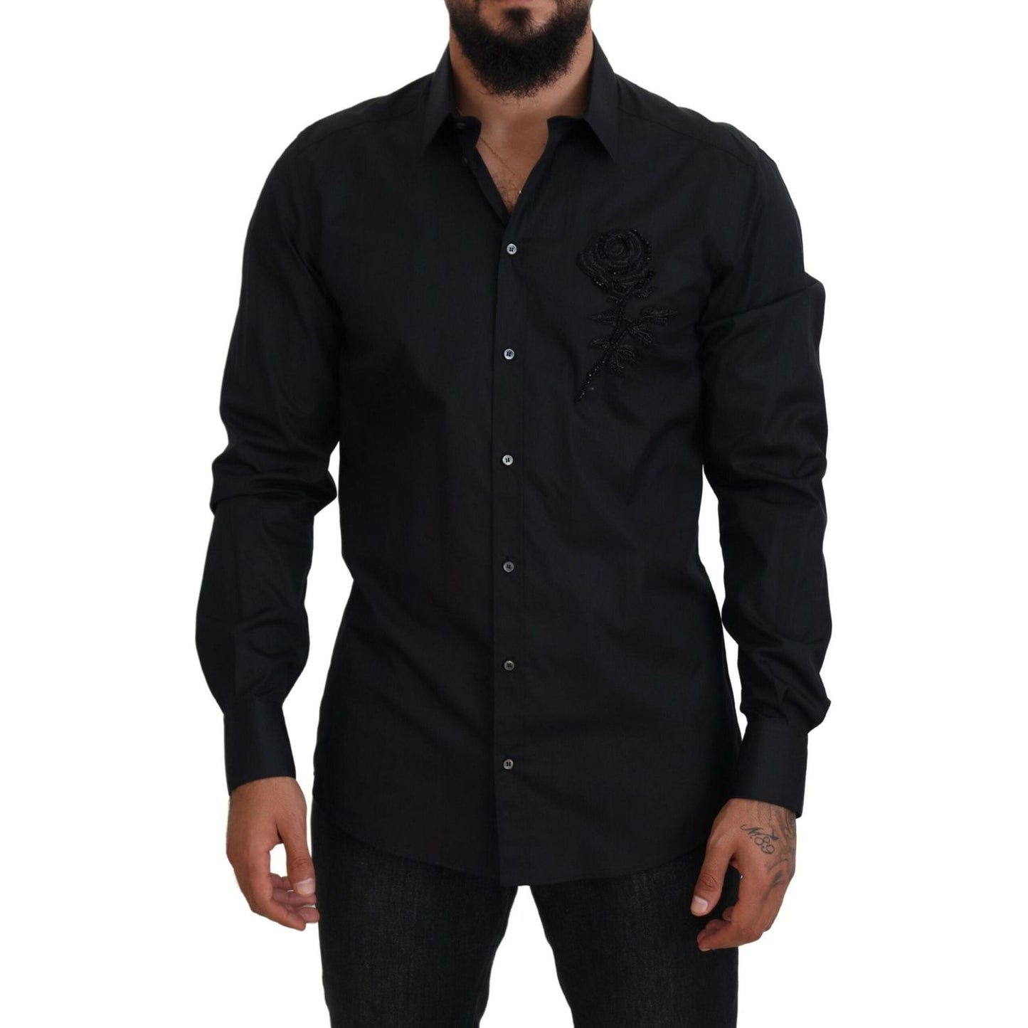 Dolce & Gabbana Black Roses Slim Fit Cotton Shirt Dolce & Gabbana