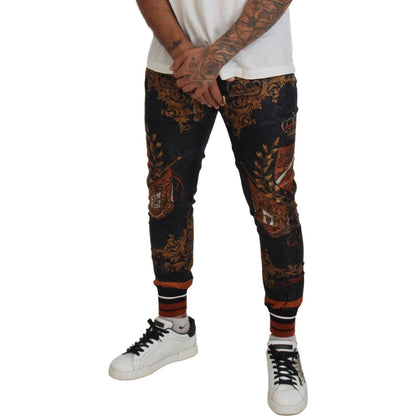 Dolce & Gabbana Gray Silk Baroque Crown Trousers Sport Pants Dolce & Gabbana