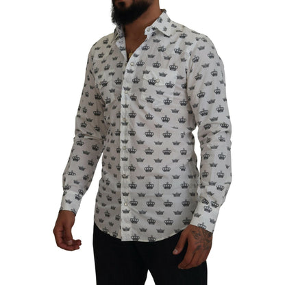 Dolce & Gabbana White Crown Print Slim Fit Cotton Shirt Dolce & Gabbana