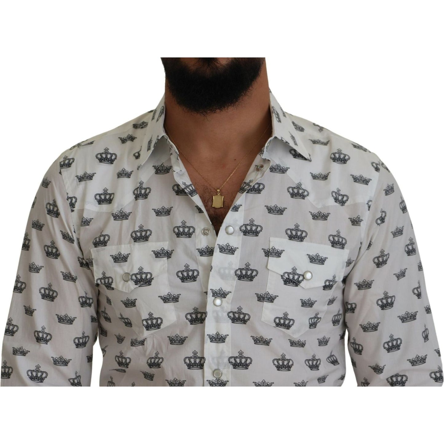 Dolce & Gabbana White Crown Print Slim Fit Cotton Shirt Dolce & Gabbana