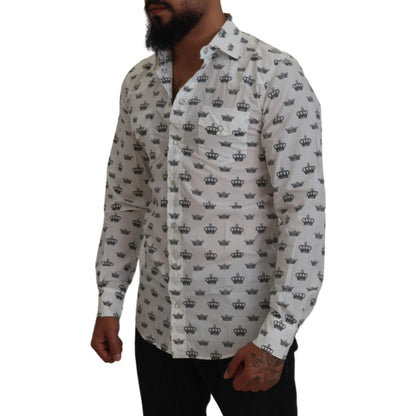 Dolce & Gabbana White Crown Print Slim Fit Cotton Shirt Dolce & Gabbana