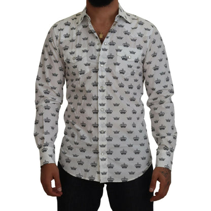 Dolce & Gabbana White Crown Print Slim Fit Cotton Shirt Dolce & Gabbana