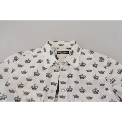 Dolce & Gabbana White Crown Print Slim Fit Cotton Shirt Dolce & Gabbana