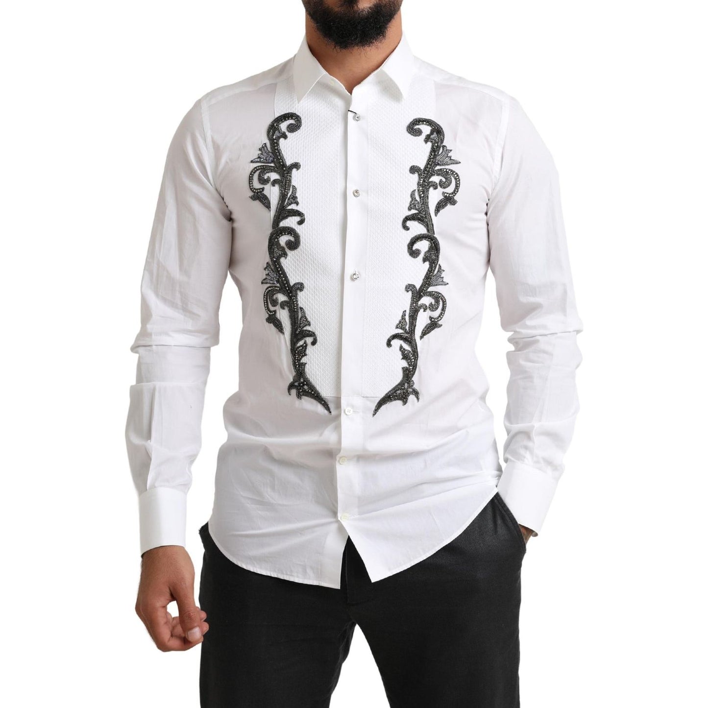 Dolce & Gabbana White Tuxedo Slim Fit Baroque Shirt Dolce & Gabbana