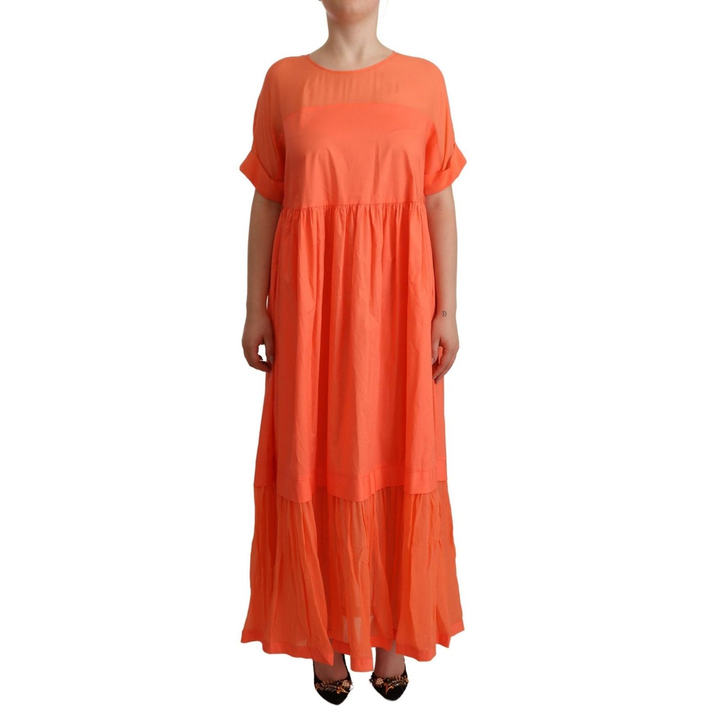 Twinset Coral Cotton Blend Short Sleeves Maxi Shift Dress