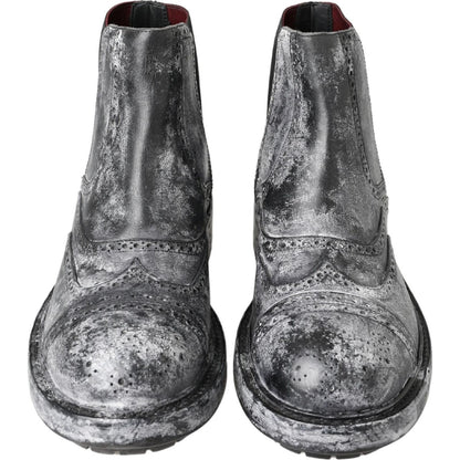 Dolce & Gabbana Black Gray Leather Ankle Boots