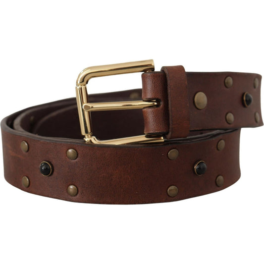 Dolce & Gabbana Brown Leather Studded Gold Tone Metal Buckle Belt BEL8612-90
