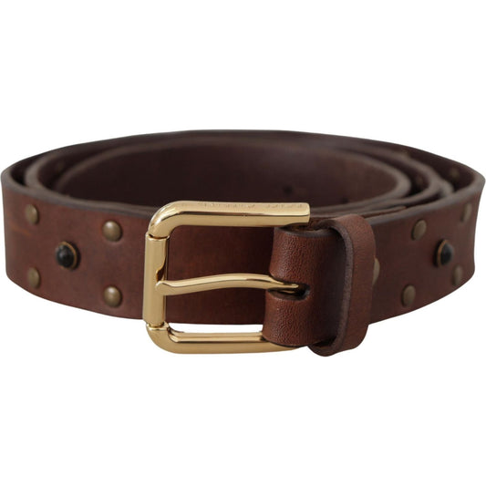 Dolce & Gabbana Brown Leather Studded Gold Tone Metal Buckle Belt BEL8612-90