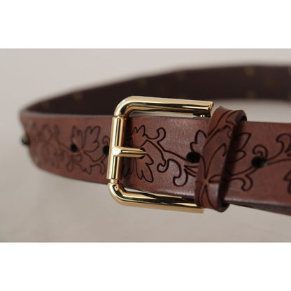 Dolce & Gabbana Brown Leather Floral Studded Metal Buckle Belt