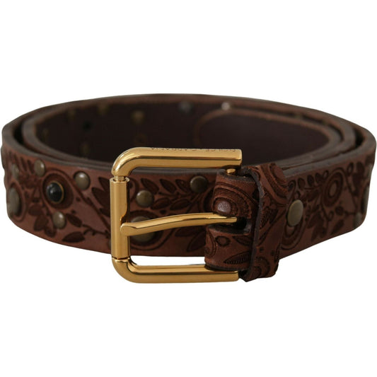 Dolce & Gabbana Brown Calf Leather Embossed Gold Metal Buckle BEL8619-85