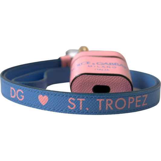 Dolce & Gabbana Pink Blue Calf Leather Logo Print Strap Airpods Case SMY101188