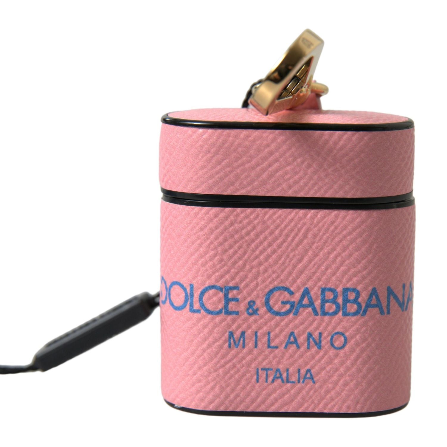 Dolce & Gabbana Pink Blue Calf Leather Logo Print Strap Airpods Case