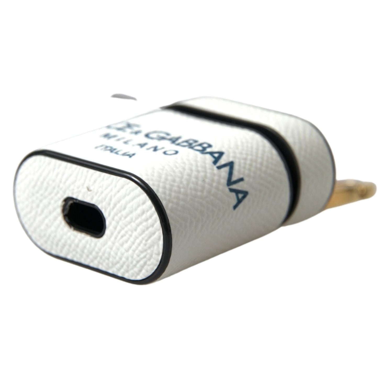 Dolce & Gabbana White Blue Calf Leather Logo Print Strap Airpods Case