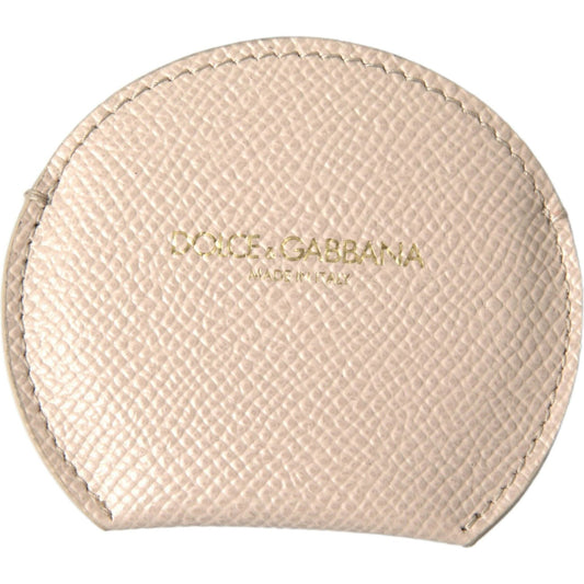 Dolce & Gabbana Beige Calfskin Leather Round Logo Hand Mirror Holder SMY101207