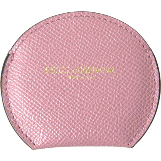 Dolce & Gabbana Pink Calfskin Leather Round Logo Print Hand Mirror Holder SMY101208