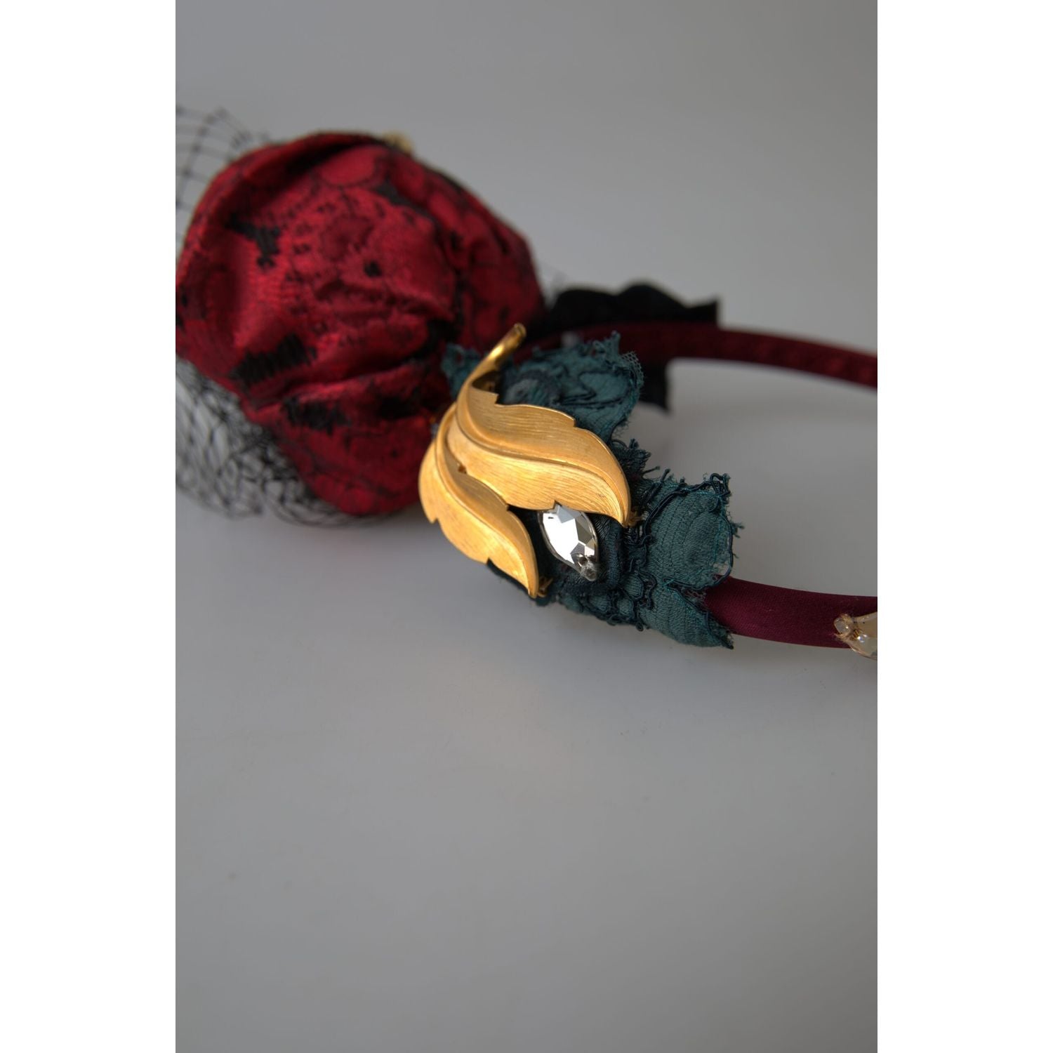 Dolce & Gabbana Red with multicolor Rose Silk Crystal Netted Logo Diadem Headband