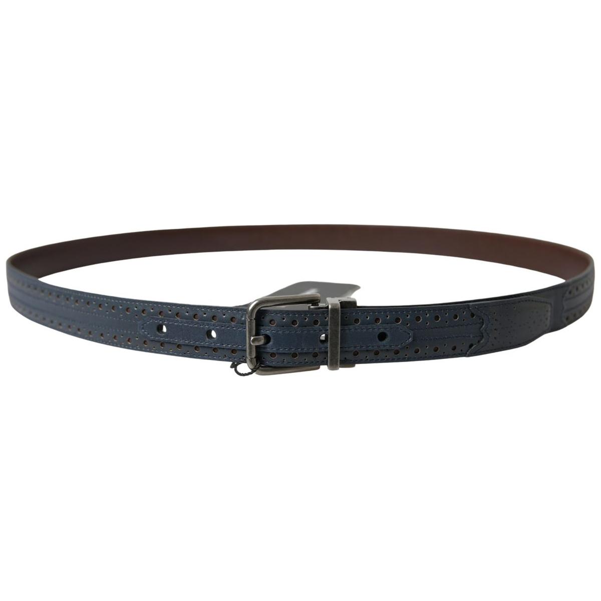 Dolce & Gabbana Blue Leather Perforated Metal Buckle Belt