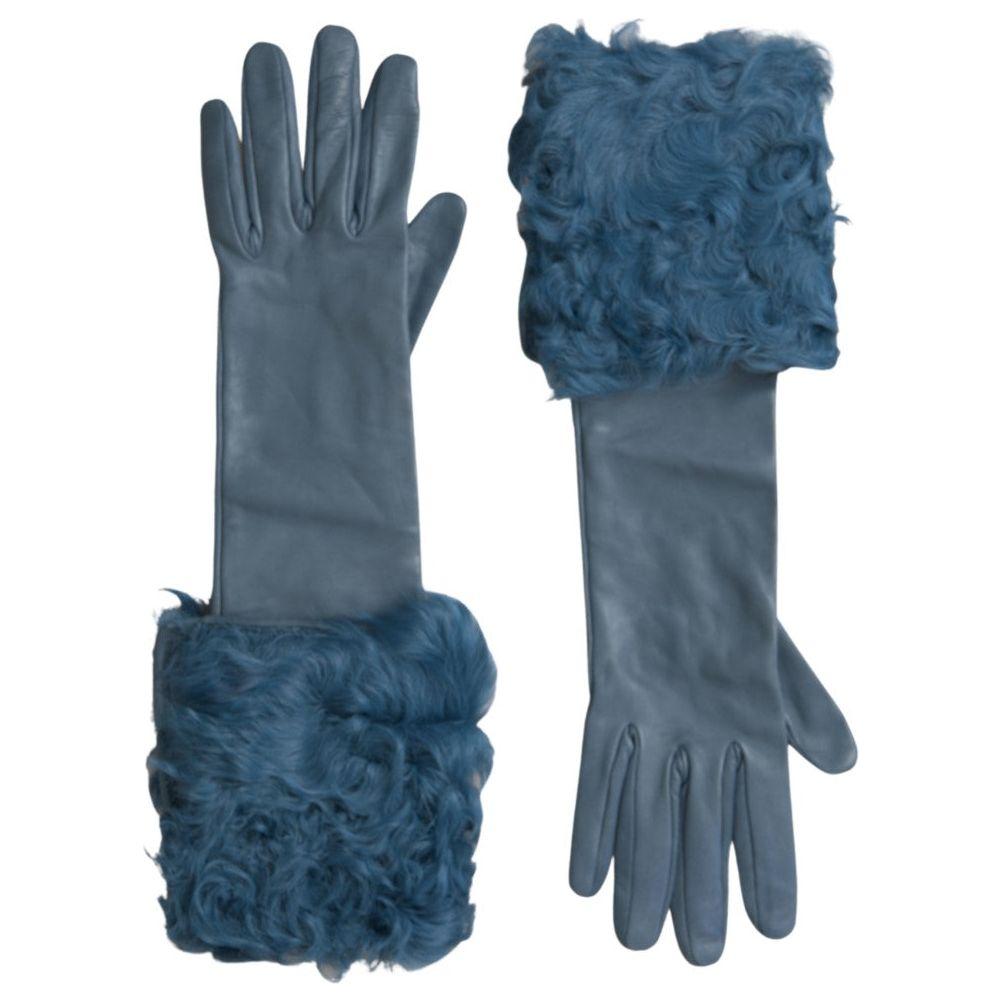 Dolce & Gabbana Blue Leather Fur Mid Arm Length Gloves