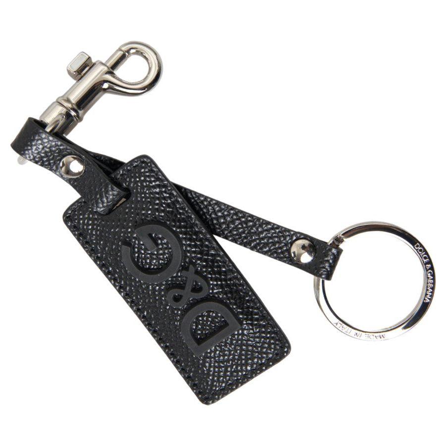 Dolce & Gabbana Black DG Logo Leather Silver Metal Keychain