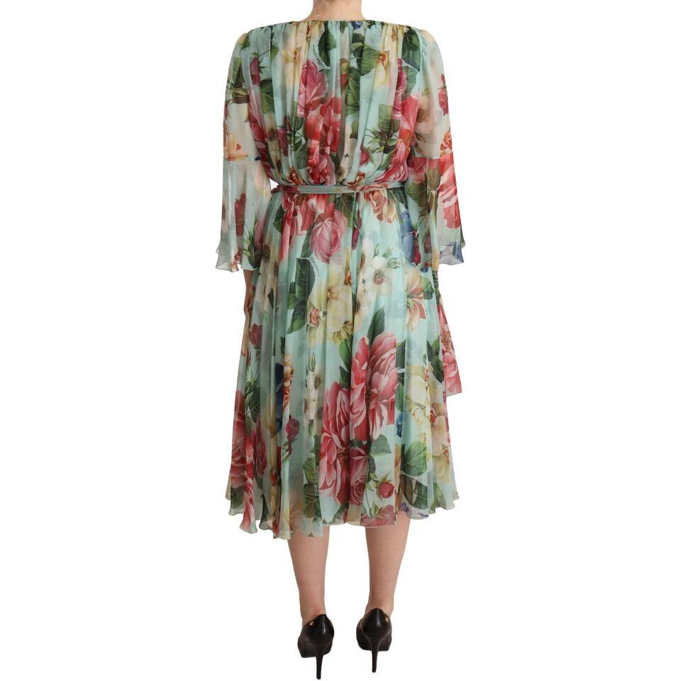 Dolce & Gabbana Multicolor Green Floral Silk Wrap Midi Dress