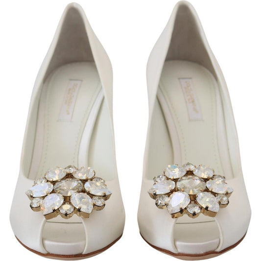 Dolce & Gabbana White Crystals Peep Toe Heel Satin Pumps LA1980-36