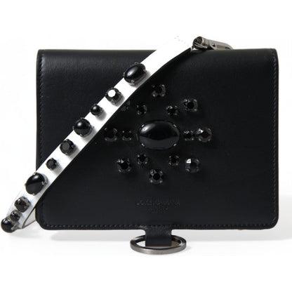 Dolce & Gabbana Black Leather Crystal Embellished Card Holder Wallet