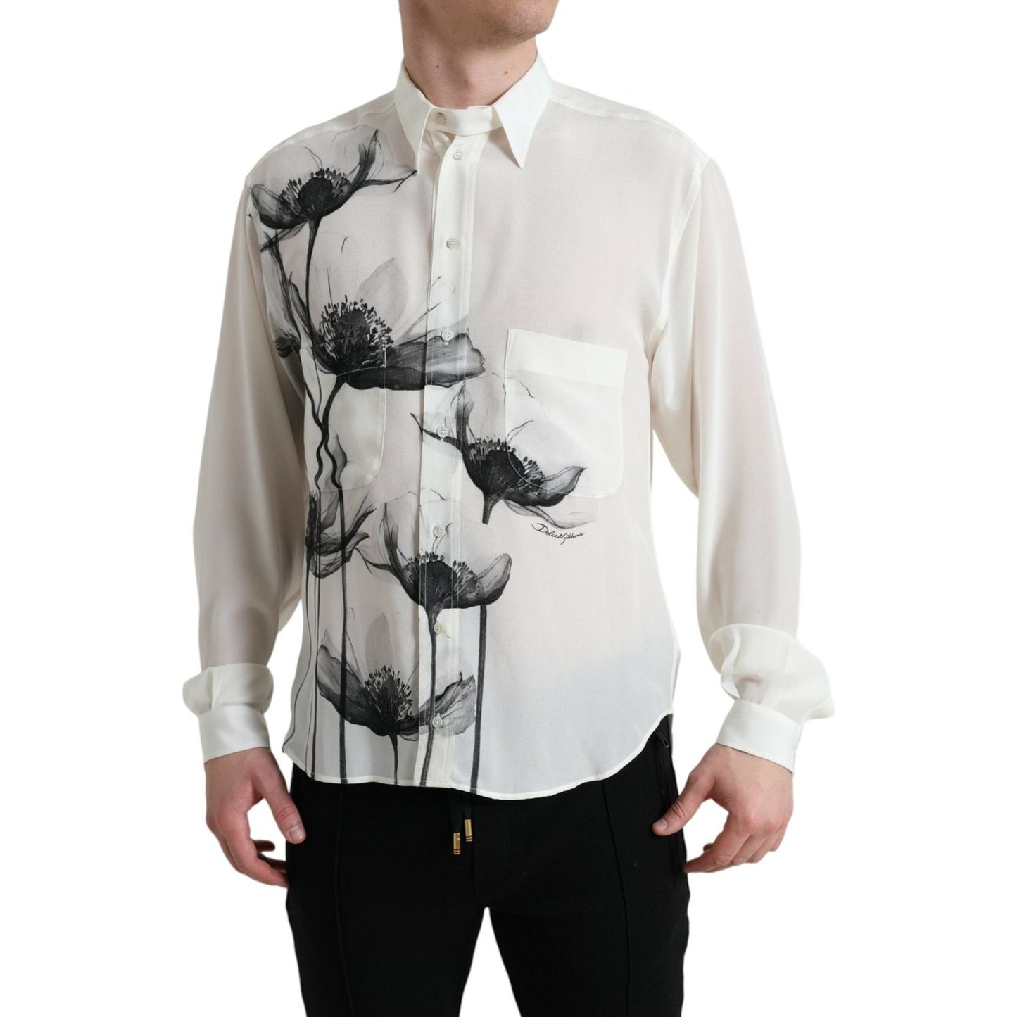 Dolce & Gabbana White Floral Collared Dress Silk Shirt Dolce & Gabbana