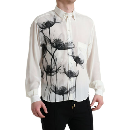 Dolce & Gabbana White Floral Collared Dress Silk Shirt Dolce & Gabbana