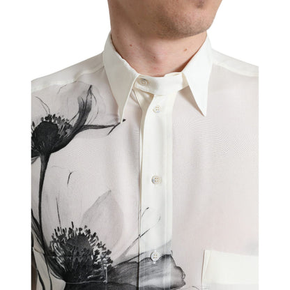 Dolce & Gabbana White Floral Collared Dress Silk Shirt Dolce & Gabbana