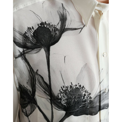 Dolce & Gabbana White Floral Collared Dress Silk Shirt Dolce & Gabbana