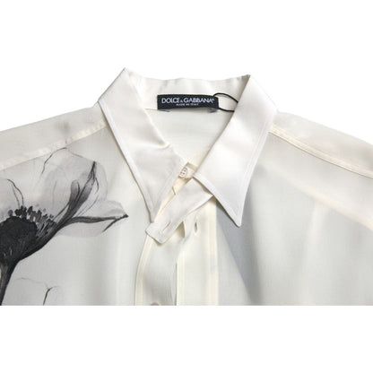 Dolce & Gabbana White Floral Collared Dress Silk Shirt Dolce & Gabbana