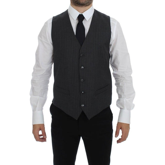 Dolce & Gabbana Gray Striped Wool Single Breasted Vest