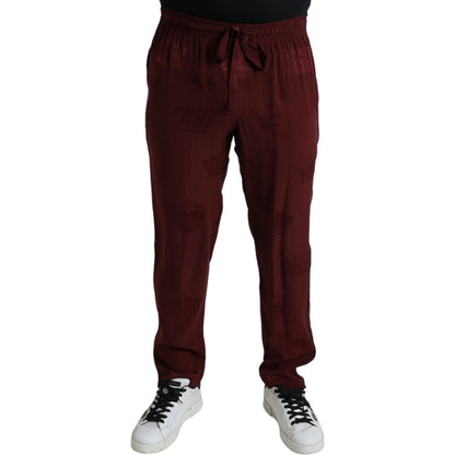 Dolce & Gabbana Maroon Crown Pattern Silk Pajama Pants Dolce & Gabbana