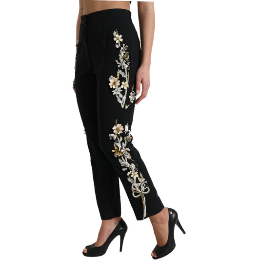 Dolce & Gabbana Black Floral Applique High Waist Tapered Pants