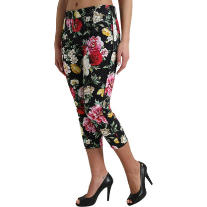 Dolce & Gabbana Black Floral Print Mid Waist Cropped Pants
