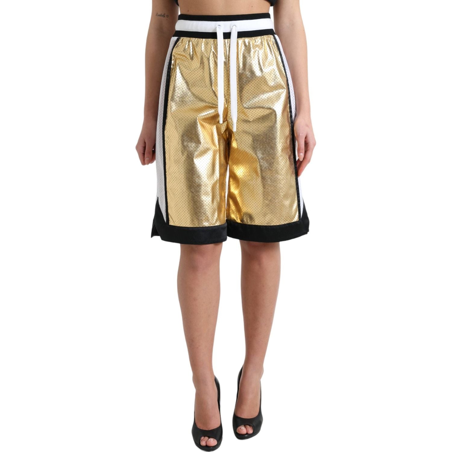 Dolce & Gabbana Gold Polyester Perforated High Waist Shorts
