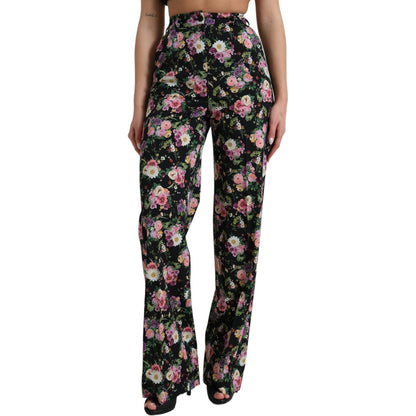 Dolce & Gabbana Black Floral Wool High Waist Wide Leg Pants
