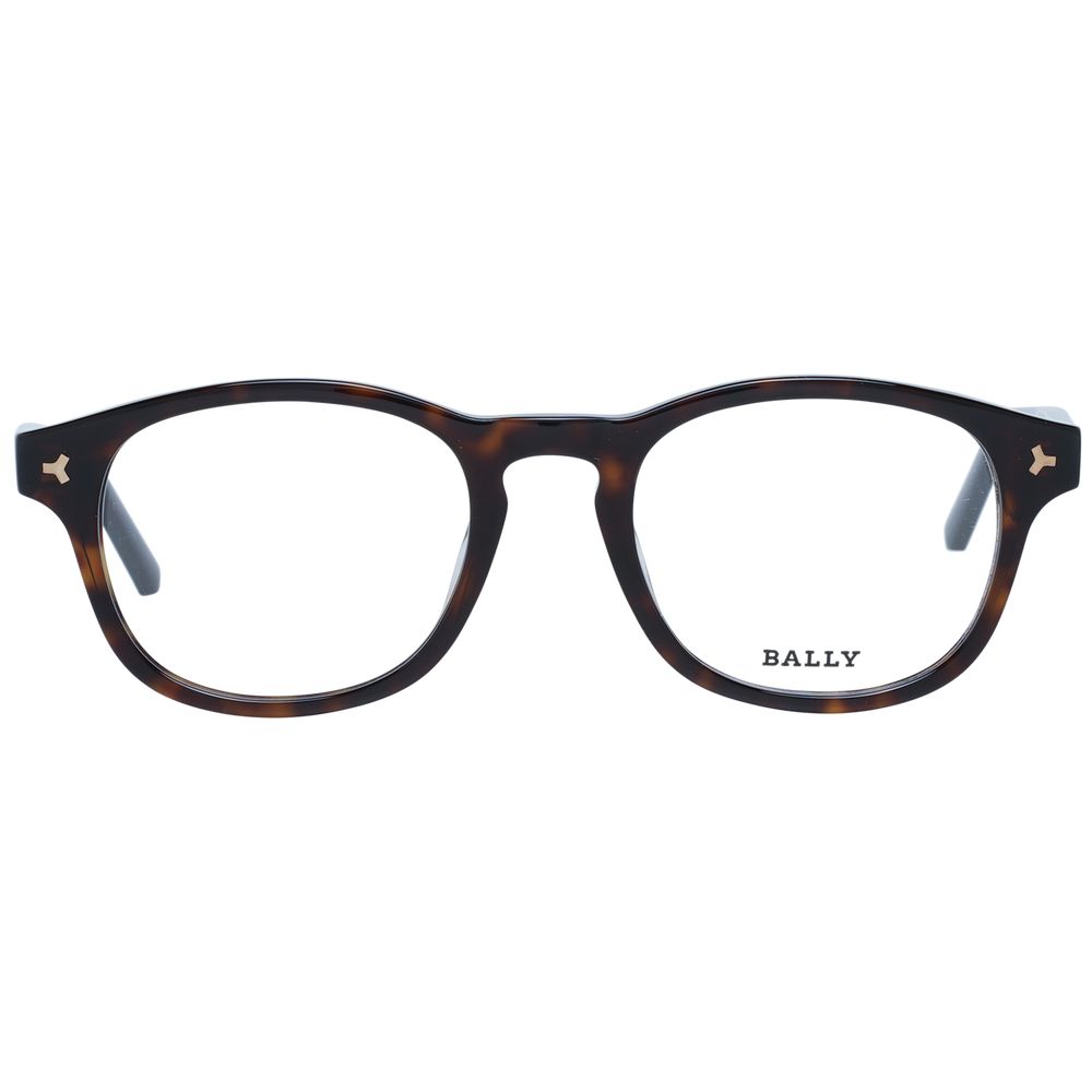 Bally Brown Men Glasses Frame, full-rim square style with brown plastic frame and demo lenses, size 50-20-145, includes branded case.