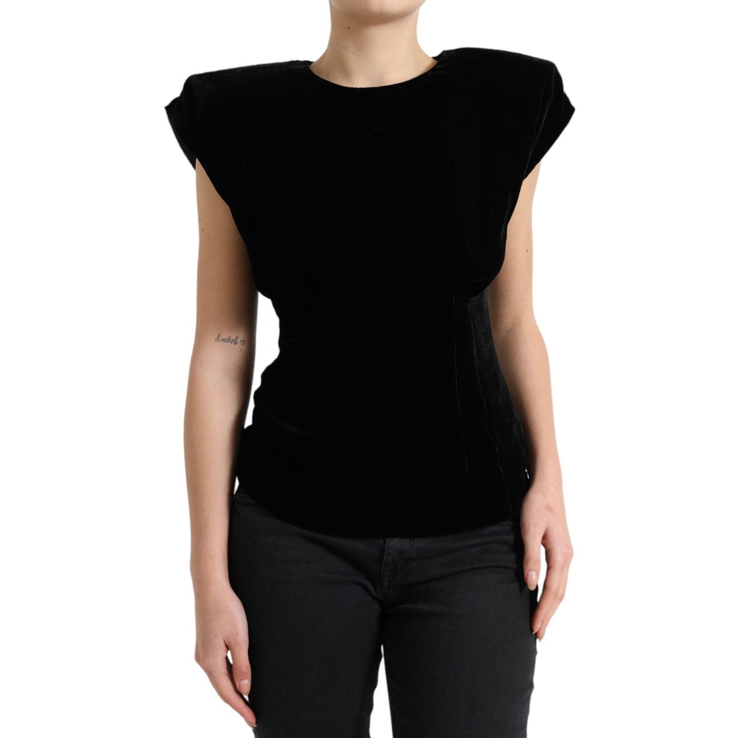 Dolce & Gabbana Black Velvet Fitted Padded Shoulder Blouse Top TSH84239-40